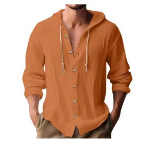 Cotton And Linen Shirt Hooded Sweater Button Long Sleeve (Option: Orange-XXL)