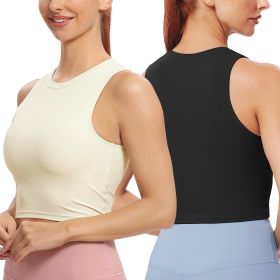 Women Sleeveless Cropped Tank Top High Neck Crop Racer Back Workout Top Machine Washable Summer (Color: Black_Khaki, size: M)
