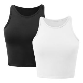 Women Sleeveless Cropped Tank Top High Neck Crop Racer Back Workout Top Machine Washable Summer (Color: Black_WHT, size: L)