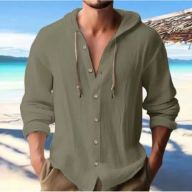 Cotton And Linen Shirt Hooded Sweater Button Long Sleeve (Option: Army Green-XXXL)