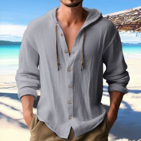 Cotton And Linen Shirt Hooded Sweater Button Long Sleeve (Option: Gray-XXXL)
